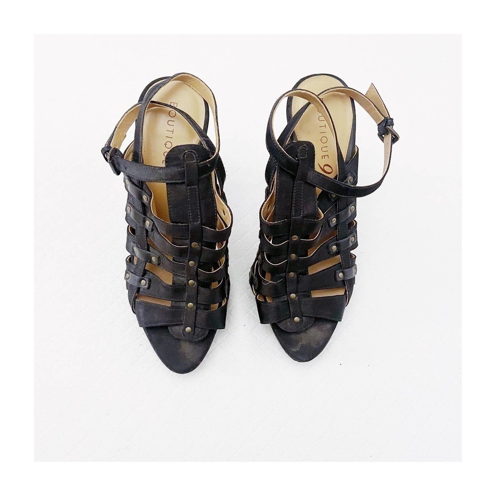 Boutique 9 Black Rizzo Satin Leather Upper Caged Heels SZ8